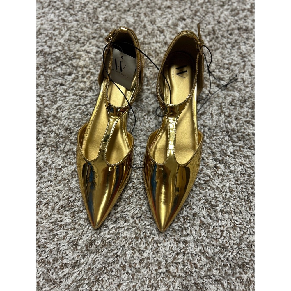 Worthington Kenzie Metallic Gold T-Strap Pointed Toe Flats Shoes 9.5M